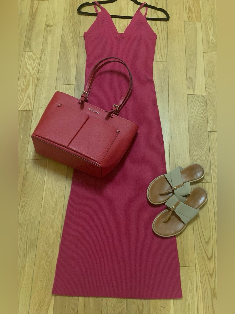 Berry Ribbed Bodycon Maxi Dress V-Neck Slip Dress Fitted Size Large